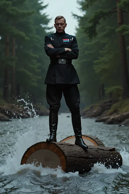 Deep in a dense forest, an imperial officer stands atop a massive, floating log in the middle of a roaring river, engaging in an intense log-rolling competition. Their boots grip the spinning wood with impossible precision, their arms crossed confidently as they stare down an unseen opponent. Their pristine black uniform remains untouched by the splashing water around them, and their expression remains cold and calculating, as if this were a battlefield strategy rather than a chaotic test of balance.<lora:IMPOFF_FLUX>