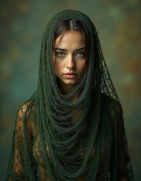 Realistic frontal symmetrical portrait of a woman from the front, she is covered with a large fisherman's net in the shape of a bag that hides her entire body, maximum detail in the folds and shadows, ochre and green tones, muted tones, balanced composition, movement, surrealism, neutral background, bokeh