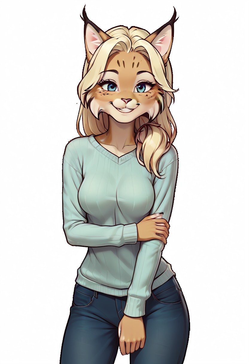 digital_media_(artwork) hi_res, score_9, score_8_up, score_7_up, score_6_up, score_5_up, score_4_up, rating_safe, beautiful, anthro, furry, female, detailed textured fur, fur tufts, fluffy, slim, slender, breasts, cute, sweater, baggy denim jeans, beautiful blue eyes, detailed eyes, smile, solo, SFW, lynx, long blonde hair, multicolored hair, streaked hair, absurdres, highres, sento,