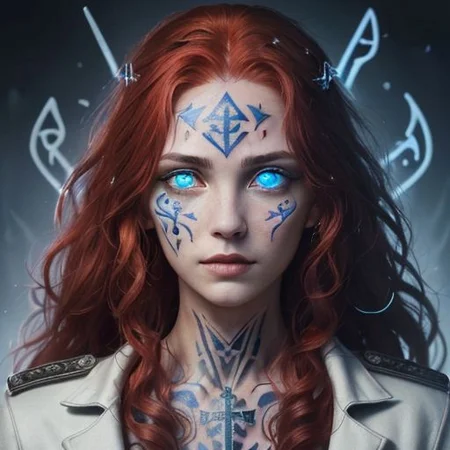 bright red hair, human female, (feminine:1.7), (beautiful face, detailed face:1.6), (beautiful eyes, detailed eyes:1.7), (looking at viewer, eye contact, intense:1.6), (long hair, red hair, curly hair:1.3), , ((masterpiece, best quality, high resolution, realistic, best quality,)), photo realistic, Perfect Face, (detailed face). <lora:GoodHands-vanilla:0.6> <lora:add-detail-xl:0.8>, mage, (Dress White military uniform coat), dagger, rune dagger, glowing runes, , (((glowing magic symbols tattoos, religious tattoos))), ((face tattoos)), glowing tattoos, stone tower in the background
