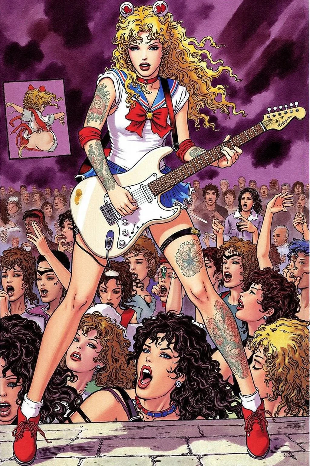itacomic1 illustration of punk sailor moon playing a guitar at a heavy metal mosh pit, tattoos, piercing <lora:itacomic_mima4_nocap_d4a2:1.0><lora:801712584462968045:0>