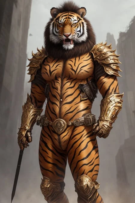 insane detail, standing, full body, painting, realistic lighting, cinematic lighting, real photo, bokeh, detailed face, ((portrait)), masterpiece portrait, detailed face,((realistic)), furry, tiger man, tiger pattern, muscular, muscular man, fans, open mouth, armor, lion, ((mane)), full armor, magma