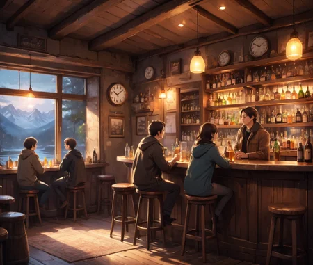 <lora:Dreamyvibes - Alt-Version - Trigger is Dreamyvibes Artstyle:1> dreamyvibes artstyle , a cozy bar with three people sitting at the bar counter , enjoying a drink and the warm atmosphere. The bar is adorned with several stools , and there are several bottles placed on the counter, creating a cozy atmosphere. In the background, there is a large window , providing a view of the outside, and a clock is mounted on the wall. The scene is set in a warm and inviting atmosphere, perfect for a night out with friends or a relaxing evening with a good book.