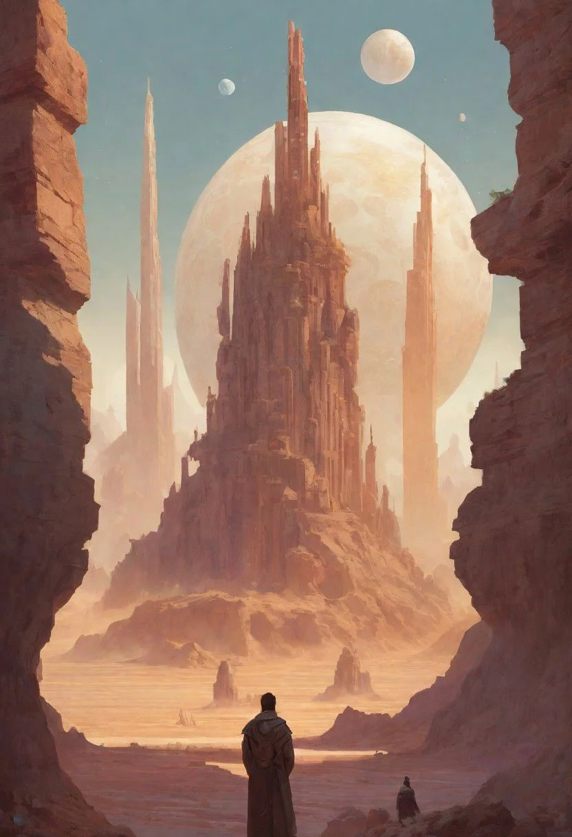 celestial sky, Loish, Leyendecker, james gilleard, celestial, ethereal, massive structure in distance, giant city, lost in desert