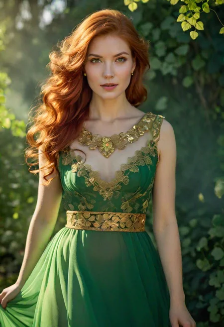 beautiful, Scottish, woman, redhead, (FastNegativeEmbedding:0.9), with green dress with gold clover leaves, torso up potrait, looking at viewer, seductive, photo in phst artstyle, Intricate, Complex contrast, highly detailed, extremely complimentary colors, beautiful, glowing aesthetic, pretty, dramatic light, sharp focus, perfect composition, clear artistic color, calm professional background, precise, joyful, perfect wide long shot visual masterpiece, <lora:MJ52:0.6>