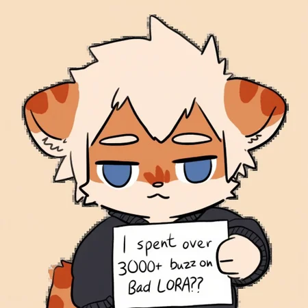 milkytiger, tiger ears, tiger boy, white eyebrows, white hair, blue eyes, 1boy, solo, black sweater, holding sign, text "stupid Flux. I spent over 3000+ buzz on Bad LoRA??!"