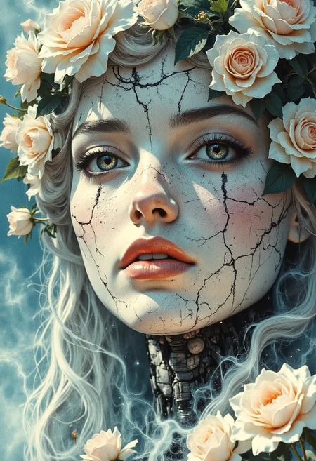 Close-up portrait of a statue of a woman. Her head and body are made of ivory and smooth with numerous, glowing, fine, hairline cracks covering the head and down her neck creating an organic mosaic pattern. She is biomechanical. Her eyes are an intense hazel color with black eyeshadow, and her lips are a rich, deep red color and her blonde hair is in an updo. A spot light focuses on her eyes, creating strong highlights and shadows. The light background is softly blurred showing a sea of white rose petals and a lush garden, but is blurred and out of focus so all visual attention is on the woman's eyes, nose and mouth. Her hair is stark white and falls around the lower half of the image. She is blending in with the background. She is looking at the viewer intensely. Blue and white smoke surround her body. She is like a bust. The overall impression is one of dramatic beauty, with an almost otherworldly quality.  (((ultra-realistic style))), realistic soft lighting, eye-catching, atmospheric lighting, smokey environment, natural, shallow depth of field, (highlights: 0.8), high detail (dynamic, sincere, cinematic shot, film grain, bokeh, depth of field)