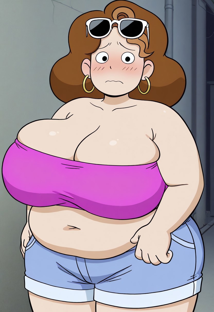 official art,art accurate,screencap,accurate,1female,solo
looking at viewer
,black eyes,dot eyes,black dot eyes,,,,,,,huge breasts,bbw,fat,brown hair,plump
pink bandeau,shorts,hoop earrings,,sunglasses on head,alley background
,embarrassed,sad