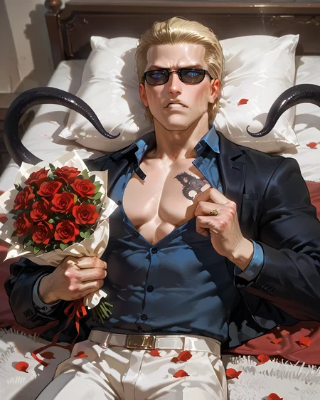 PonyScores7, source_anime, ah1
BREAK <lora:albertwesker-guy-PONYv1:0.8> albertwesker, albert wesker, 1boy, blonde, (sunglasses:1.3), looking at viewer, toned, athletic, fit, slicked back hair, mature male, short hair, (lying bed, <lora:RippingclothesV2:0.8> rippingownclothes, hands holding clothes, torn clothes, hands on clothes, ripped clothes, ripping clothes), (<lora:Indian_First_Night_Bed:0.8> bed, pillow, flower, heart, petals, rose, red flower, carpet, bouquet, red rose, rose petals, ornaments,), ((sadly surprised expression)), (focused, intense glare), blue eyes, (angular face, sharp_featured face), handsome, charming, alluring,  <lora:MC_superhuman:0.2> ((black tentacles, black tendrils))
BREAK <lora:xl_more_art-full_v1:0.2>, <lora:shinyskin2:0.2> glistening skin, <lora:aesthetic_anime_v1s:0.2>, <lora:Expressive_H:0.2> Expressiveh, <lora:hairdetailpxl:0.2> hairdetailpxl, <lora:EpicF4nta5yXL:0.2>, <lora:detailxl:0.2> detailxl, <lora:Fant5yP0ny:0.2>, best quality, amazing quality, best aesthetic, absurdres, <lora:expressive eyes:0.2> expressive eyes, <lora:eyedetailpxl:0.2> eyedetailpxl, illustration, Volumetric_Lighting, ultra-detailed, very aesthetic, intricate details, 8k, masterpiece, best_quality
BREAK (Low angle (from behind) view medium Close shot (focus on chest))
BREAK <lora:Eyes_High_Definition:0.3> EyesHD, Stable_Yogis_PDXL_Positives, AS-Adult, <lora:Complicated fantasy portrait - XL Pony V2.0:0.4>, bad-hands-5, AS-MidAged,