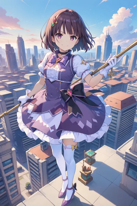 score_max, (score_9, score_8_up, score_7_up:1.2), score_6_up, official art, source_anime,
masterpiece, absurdres, high detail, 8k,
skyscraper, on rooftop, city landscape,
standing, fighting stance, holding stick, key, oversized object, smile, serious,
akisa, short hair, magica2019, wing hair ornament, purple dress, puffy short sleeves, choker, purple bow, bowtie, white gloves, purple skirt, white thighhighs, high heels
<lora:XL_Pony_MGCM-akisa-t1:1>