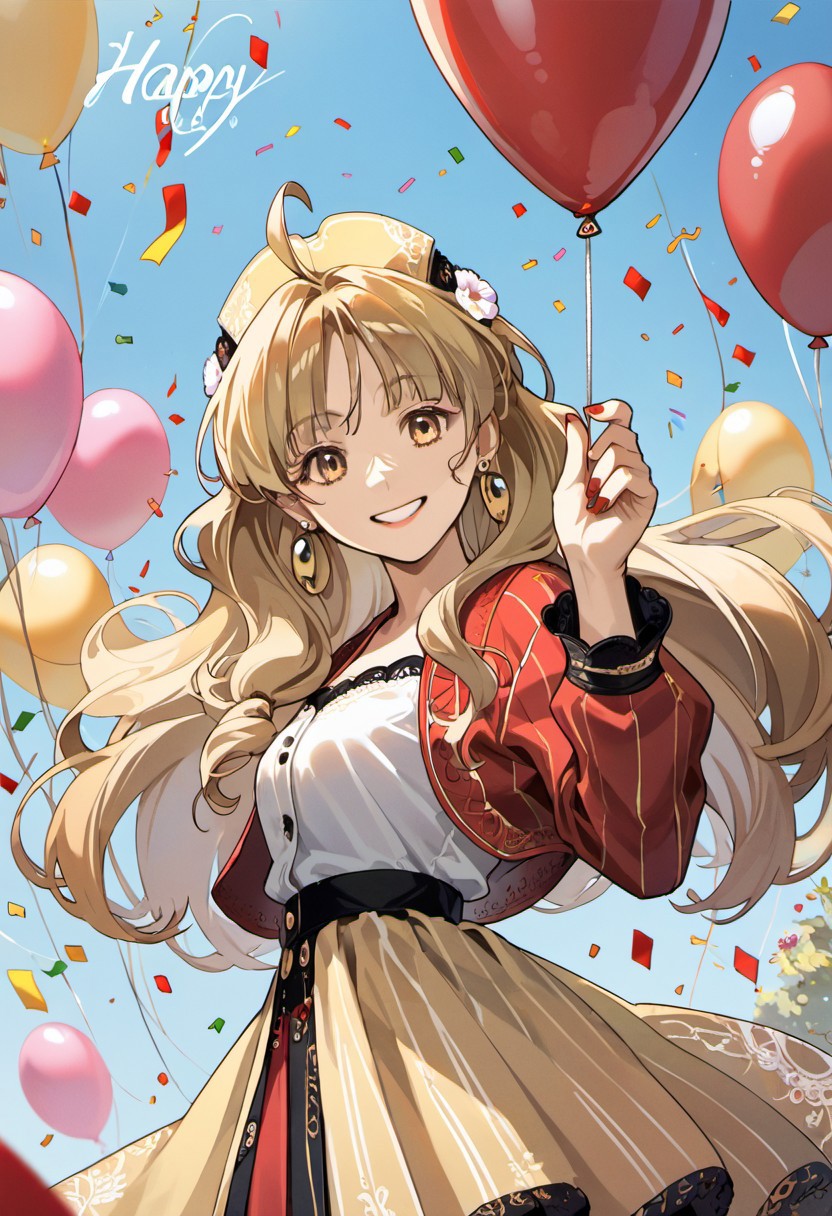 score_9, score_8_up, score_7_up, source_anime, ayesha altugle, long hair, golden eyes, light brown hair, 1girl, balloon, solo, looking at viewer, smile, heart balloon, happy birthday, earrings, jewelry, nail polish, red nails, confetti, skirt, ahoge