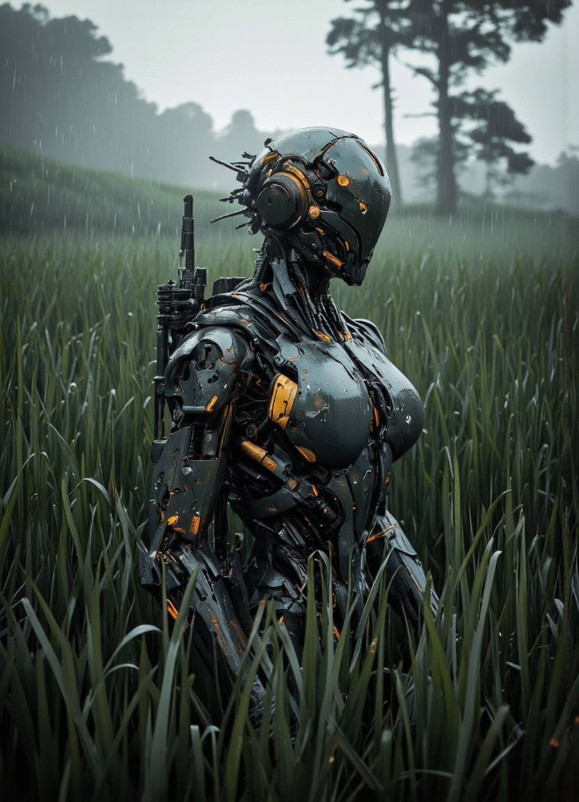 . A photo-realistic shoot from a profile camera angle about a futuristic robot standing in a rain-soaked field, wearing a dark, metallic armor with intricate details and glowing yellow accents. the robot, positioned in the middle of the image, appears to be a male, with a slim body and a helmet with a visor, standing in tall, green grass. the armor is detailed with various mechanical components, including a breastplate, shoulder armor, and a pauldrons, and is adorned with intricate designs. the background is a misty, overcast sky with trees in the distance, and raindrops are visible in the air, creating a dramatic and moody atmosphere. the image also shows a sense of depth and realism, with the robot standing out from the dense, overgrown field.