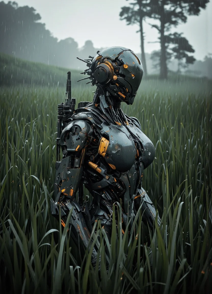 . A photo-realistic shoot from a profile camera angle about a futuristic robot standing in a rain-soaked field, wearing a dark, metallic armor with intricate details and glowing yellow accents. the robot, positioned in the middle of the image, appears to be a male, with a slim body and a helmet with a visor, standing in tall, green grass. the armor is detailed with various mechanical components, including a breastplate, shoulder armor, and a pauldrons, and is adorned with intricate designs. the background is a misty, overcast sky with trees in the distance, and raindrops are visible in the air, creating a dramatic and moody atmosphere. the image also shows a sense of depth and realism, with the robot standing out from the dense, overgrown field.