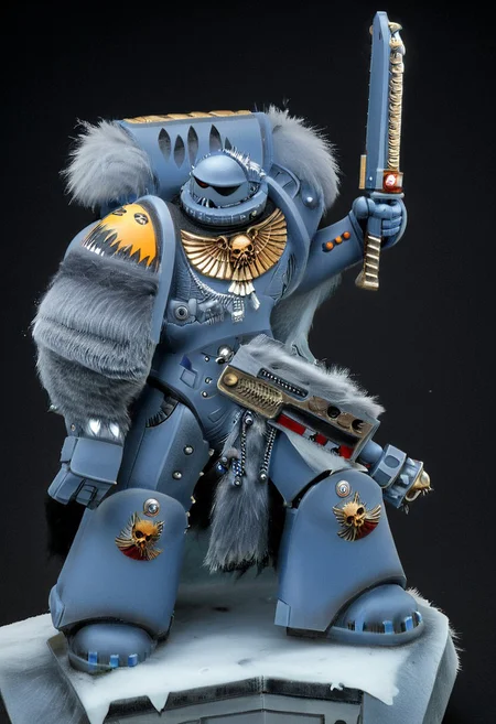 Absurdres, score_9_up, Source: Warhammer40K, Spacewolves Astartes chapter space marines wielding chainswords, gray power armor with fur trim and astartes helmets, wolf motifs, (masterpiece), best quality, expressive eyes, perfect face, 1, space marine, Painstaking Attention To Details, 1990s \(style\), Vintage, Vintage comic book cover of White Dwarf Tabletop Adventures, project unreal engine, volumetric lighting, perfect anatomy, perfect hands, detailed_eye_model, black background, graffiti, blgstyle, ImperialF40k, <lora:PeopleCountSliderLoRAv1:2.0>, <lora:756af36b-d5fa-496f-b9a1-088c62f0c527:0.7>, <lora:6f3a2b85-aa03-4ab1-9f9a-e816ad4b1121:0.7>, <lora:cf26021c-0e88-4b06-9329-8702e6590716:0.7>, <lora:_raging_flames:0.7>, <lora:warhammerAdeptus_v1:0.7>, <lora:e6084b5e-a05d-475d-8afe-925ae03a434b:2.0>, <lora:b8dcc527-1d03-4fe2-ab9e-341ce407290f:0.7>, , , ,