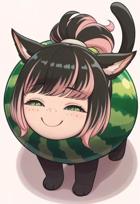 masterpiece, best quality, 1other, Watamelon, no humans, cosplay, chibi, <lora:clamchan_illu:1> animal ears, black hair, pink hair, multicolored hair, ponytail, green eyes, slit pupils, freckles, cat tail,  <lora:ChamWatamelonIllustriousXL:1> watermelon, all fours, smile, smug, half-closed eyes