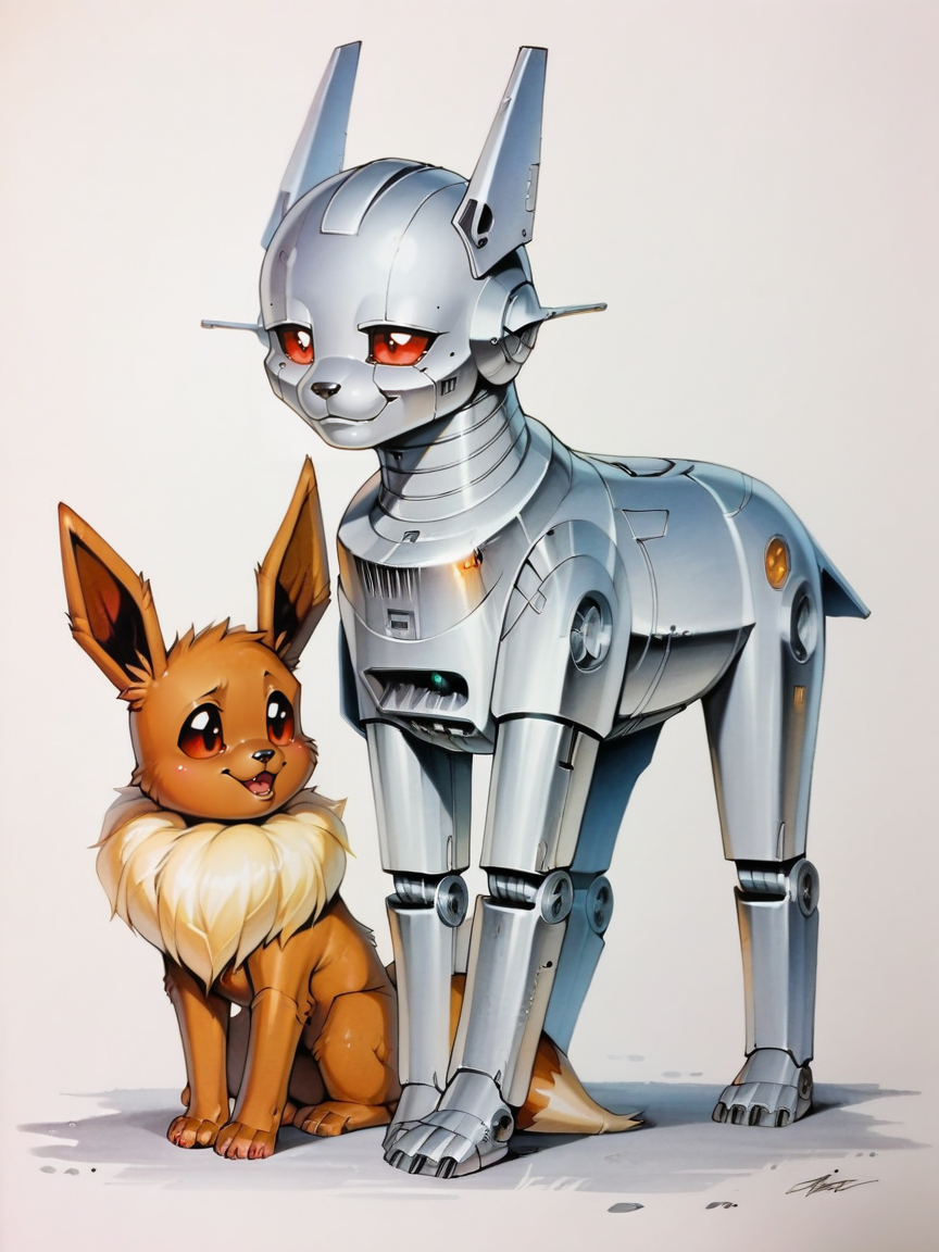 score_9, score_8_up, score_7_up, score_6_up, score_5_up, <lora:cybercoreXLP:0.7> cybercore, science fiction, traditional media, retro artstyle, robot, feral, eevee