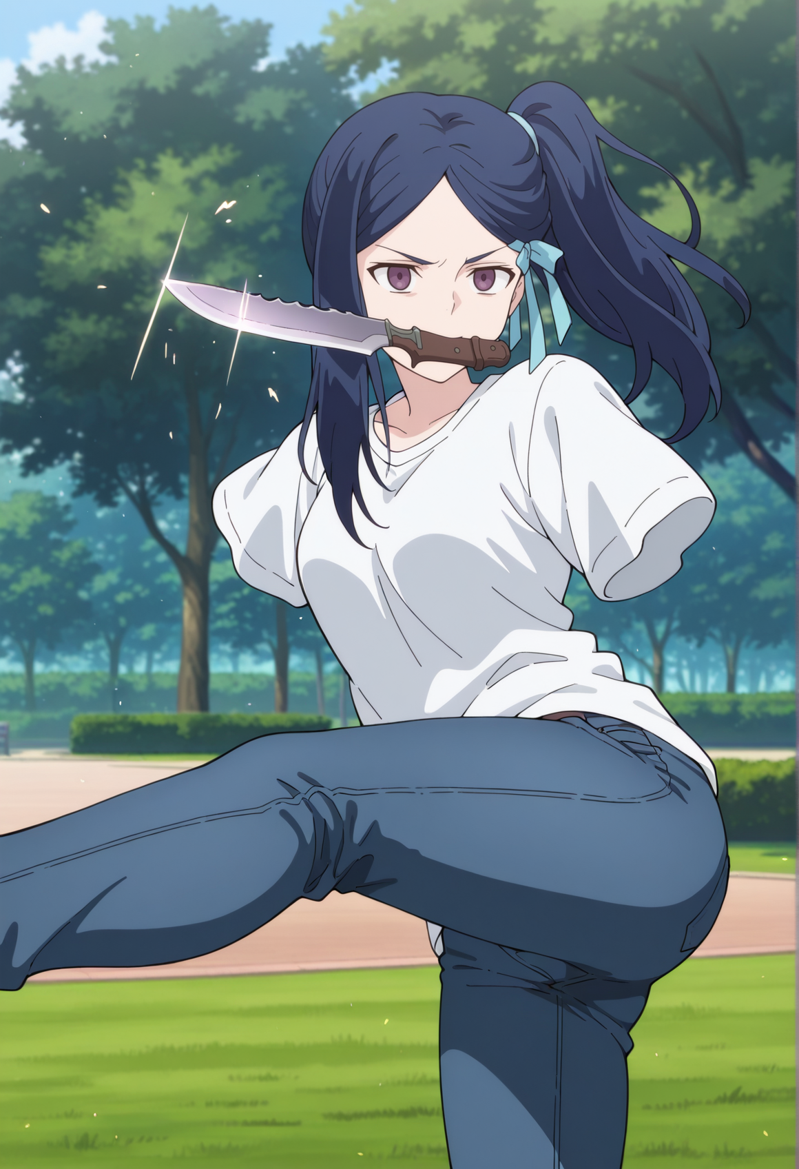 1girl, solo, 1girl, blue hair, purple eyes, long hair, hair ribbon, single sidelock, side ponytail, amputee, t-shirt, jeans, fighting stance, kicking, holding knife, mouth hold, outdoors, park <lora:Ning_ken_en_ken:1>, masterpiece, best quality, amazing quality, very aesthetic, absurdres, highres, newest