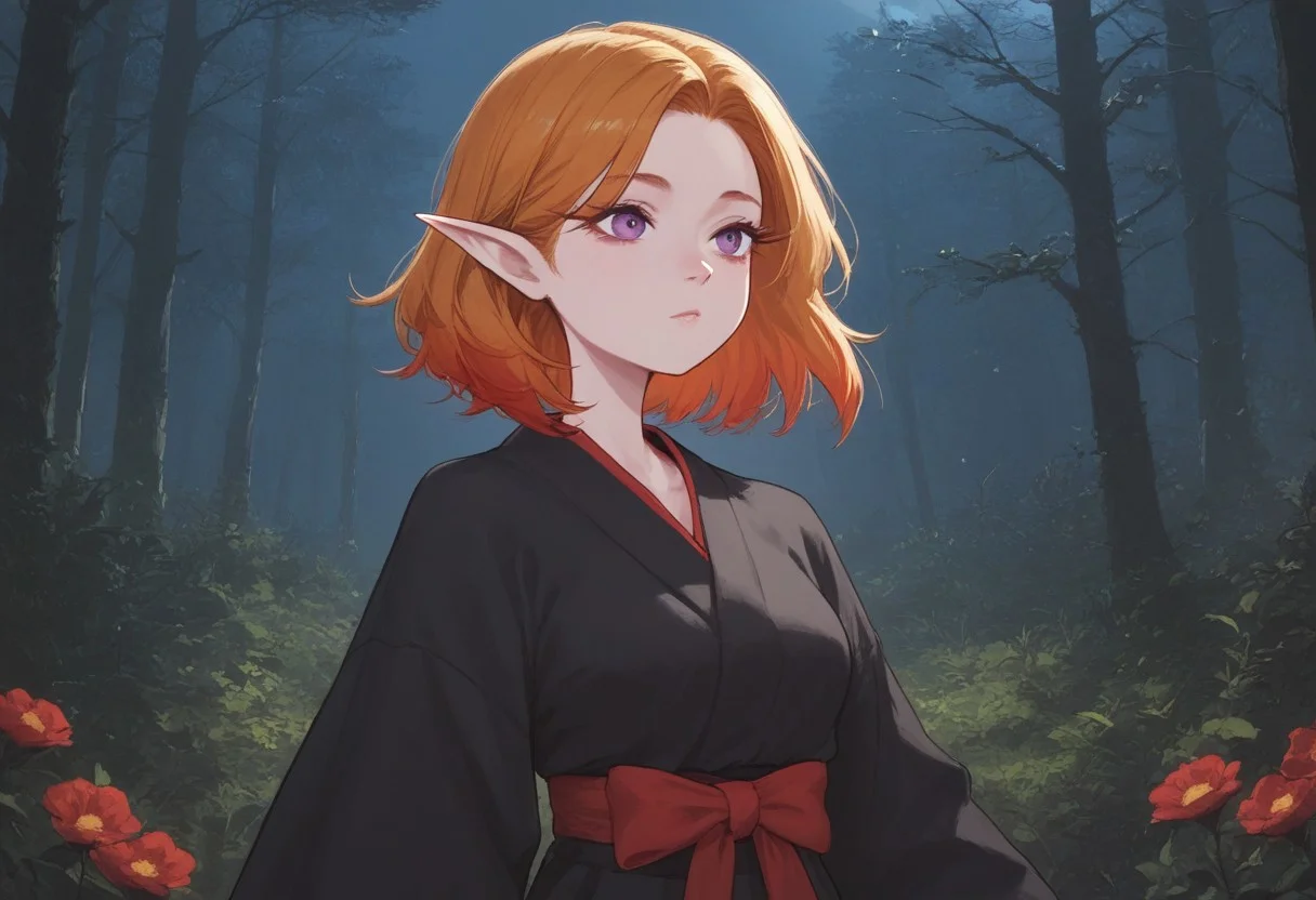 score_9, score_8_up, score_7_up, extremely detailed, 1girl, elf, pale skin, cute face, violet eyes, medium length hair, two-tone hair, blonde hair, ginger hair, medium breasts, wearing a loose black kimono with red trim and red floral pattern, standing in a forest, night, moonlight