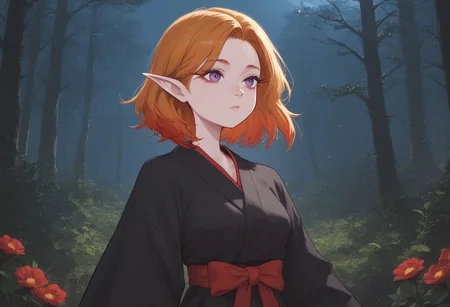 score_9, score_8_up, score_7_up, extremely detailed, 1girl, elf, pale skin, cute face, violet eyes, medium length hair, two-tone hair, blonde hair, ginger hair, medium breasts, wearing a loose black kimono with red trim and red floral pattern, standing in a forest, night, moonlight
