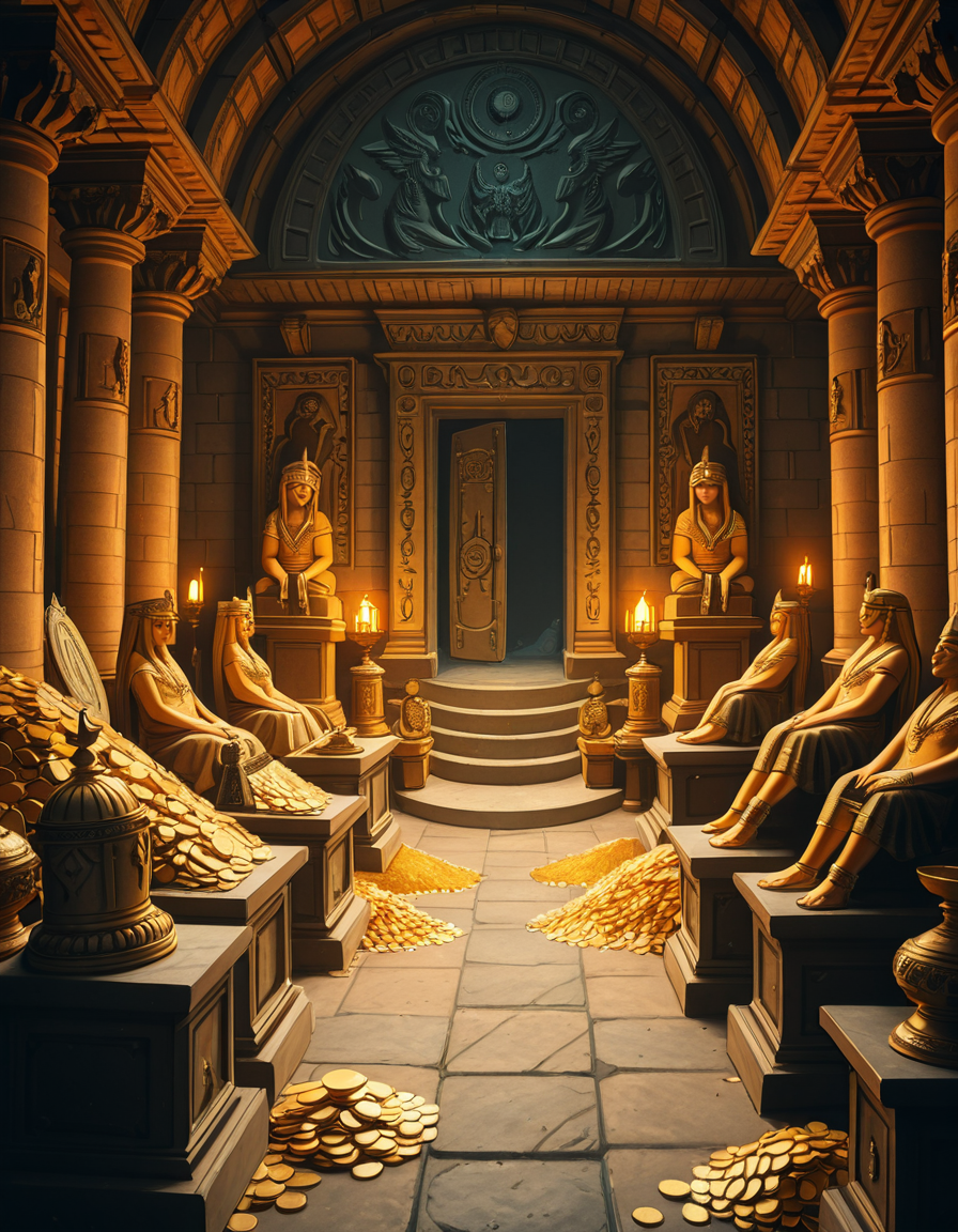 A hidden treasure chamber deep within an ancient temple, illuminated by the warm golden glow of torches and mystical blue light from enchanted crystals. The room is filled with piles of gold coins, jewel-encrusted goblets, and ancient artifacts covered in dust. Massive stone statues of forgotten deities guard the chamber, their eyes glowing faintly as if watching intruders. In the center, a grand pedestal holds a legendary artifactâan ornate golden crown encrusted with emeralds and sapphires, shimmering with an otherworldly aura. The walls are adorned with intricate carvings depicting lost civilizations, and creeping vines hint at centuries of abandonment. The atmosphere is mystical and slightly eerie, with a sense of both wonder and danger. The air is thick with the scent of aged parchment and burning incense, adding to the chamberâs ancient and mysterious feel. Cinematic lighting with dramatic shadows enhances the depth and richness of the scene, creating a visually stunning and immersive environment.
<lora:SDXLFaeTastic2400:0.4> <lora:extremely_detailed:0.4> extremely detailed,treasure ch4mb3r, <lora:treasure_ch4mb3r-i:1>, Masterpiece,best quality,hi res,8k,hi res,8k,award winning,(sharp focus, intricate, highly detailed),