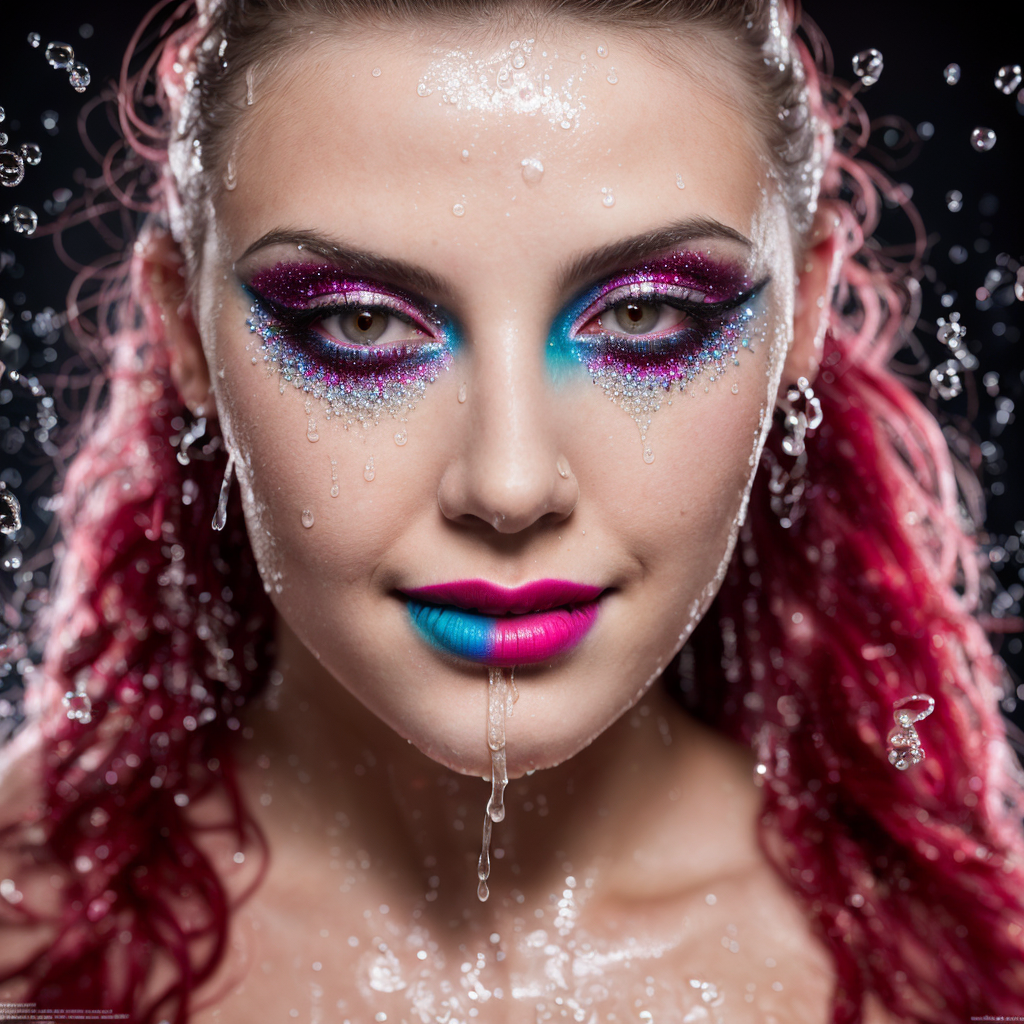 close up-1.3, intriguing, sensual, sexual, provocative, highly detailed, ((glitter)), ((detailed lips)), ((cunning smile)), detailed eyes, (((red eyes))), ((fluorescent hair, coloured hair, braided hair)), (((fluorescent, coloured make-up))), (((blotchy make-up))), (((nose jewellery))), ((((lip ring)))), ((face jewellery)), (((misty floating particles))), gritty, hot, shiny, wet, photo realistic, photo shoot, professional shoot, model shoot, artistic, high detail, uhd, 8k, 40mm, fuji film,  <lora:eye_catching:1.3>  <lora:DM_Fantasy_Pin-up_Style:0.6>