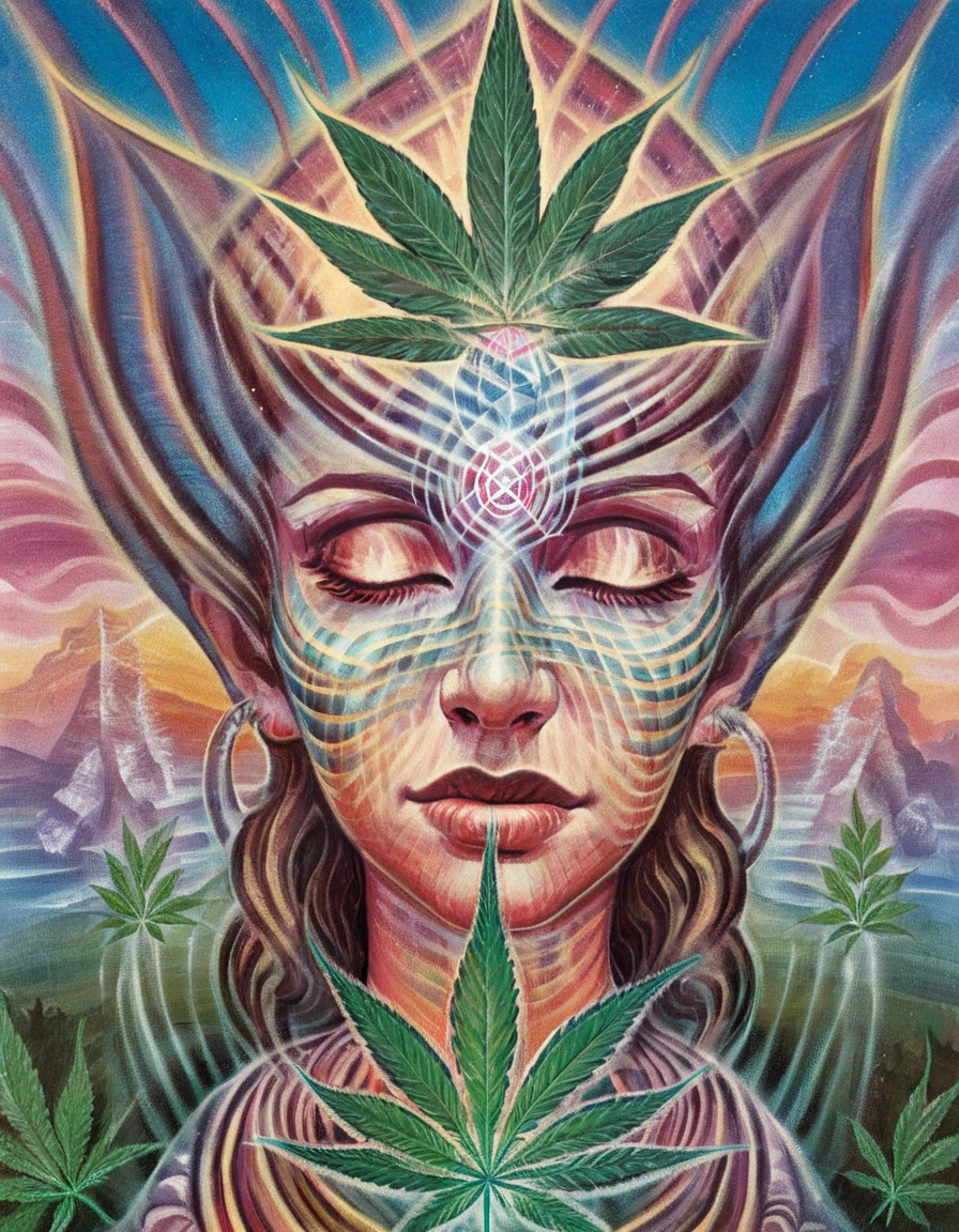 <lora:amsa:0.8>amsa, woman, cannabis leaves, bismuth crystals, eyes closed, third eye