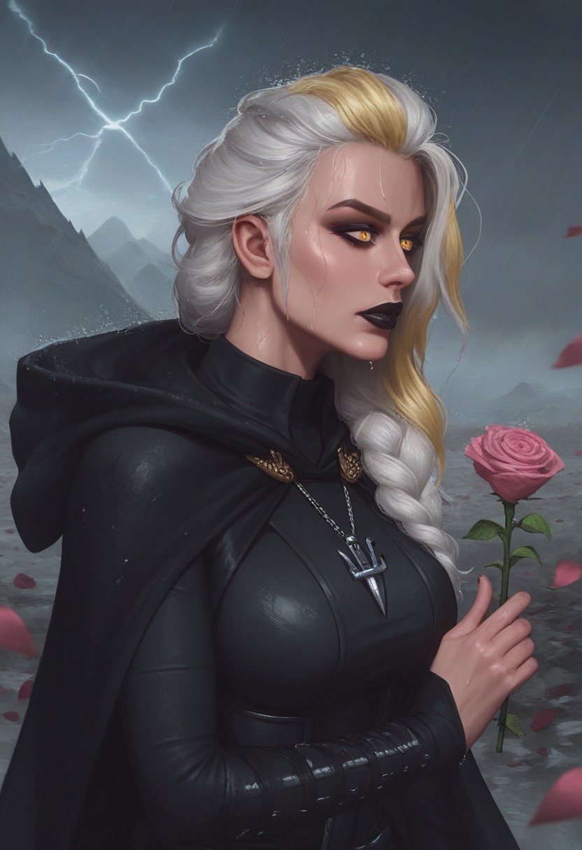 score_9, score_8_up, score_7_up, (realistic:1.2), mysterious girl, alluring goddess,, smooth, very detailed, etra detailed, intricate details, highly detailed,  masterpiece, best quality, amazing quality, (wet hair:1.2), 1girl, solo, cherry blossoms falling around her, misty mountains in the background, focused and serene expression, mature female, curvy, Jaina Proudmoore, 1girl, mature female, white hair, blonde hair, yellow eyes, pupils, storm, anchor necklace, (3/4 body shot:1.3), dark, thunder, rainy:1.2, windy:1.2, mountains at the background,  (burgundy lightning:1.2), black lips, sith lord, star wars, sith, black hood, black cape, hood on head, turtleneck, (total black clothing:1.2),, (close up face), jainapost, (fully clothed), (she holding pink rose:1.3), (looking at object), (she is looking at rose in her hand:1.2),,roses, pink roses, roses, rose petals, rose, (dramatic atmosphere), (detailed background), side view, (head down:1.1)