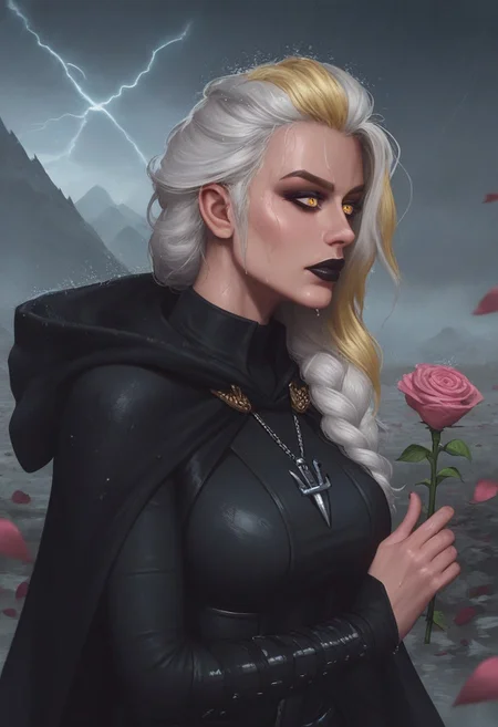 score_9, score_8_up, score_7_up, (realistic:1.2), mysterious girl, alluring goddess,, smooth, very detailed, etra detailed, intricate details, highly detailed, masterpiece, best quality, amazing quality, (wet hair:1.2), 1girl, solo, cherry blossoms falling around her, misty mountains in the background, focused and serene expression, mature female, curvy, Jaina Proudmoore, 1girl, mature female, white hair, blonde hair, yellow eyes, pupils, storm, anchor necklace, (3/4 body shot:1.3), dark, thunder, rainy:1.2, windy:1.2, mountains at the background, (burgundy lightning:1.2), black lips, sith lord, star wars, sith, black hood, black cape, hood on head, turtleneck, (total black clothing:1.2),, (close up face), jainapost, (fully clothed), (she holding pink rose:1.3), (looking at object), (she is looking at rose in her hand:1.2),,roses, pink roses, roses, rose petals, rose, (dramatic atmosphere), (detailed background), side view, (head down:1.1)