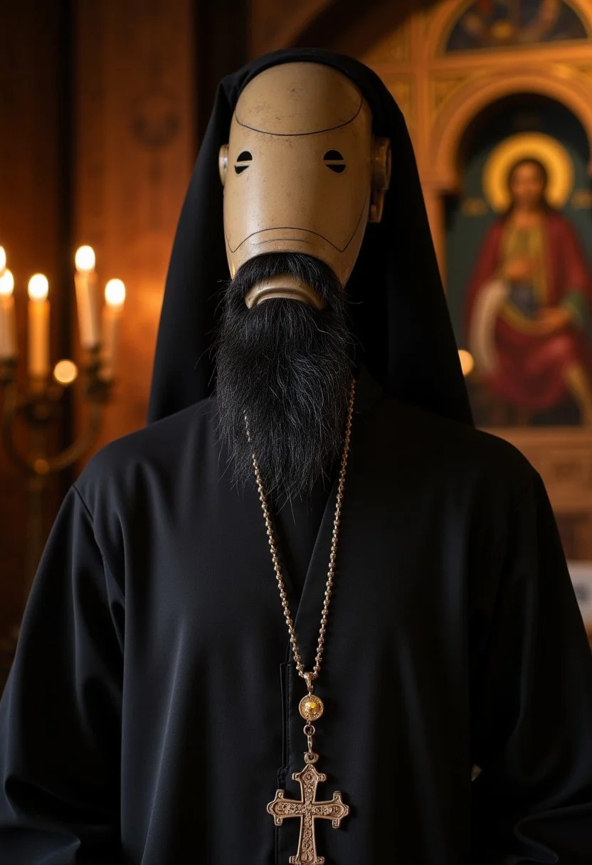 A 7-B1 battle droid dressed as an eastern orthodox priest. Big Orthodox crucifix on chest, bushy black beard. In an orthodox church setting. Perfect lighting. Orthodox icons in the background, lit church candles