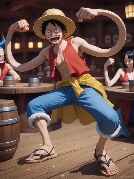 score_9, score_8_up, score_7_up, score_6_up, score_5_up,
<lora:elongated-ponyxl-v2a:1.0>, (elongated:1.2), (long arms:1.2),
<lora:Monkey_D._Luffy:0.8>
monkey d luffy \(one piece\), 1man, in a tavern, a man ready to fight, petite, fists up, sleeveless red shirt, straw hat, laughing, blue jean shorts, sandals, surrounded by pirates, action pose, jumping, ultra realistic, (high quality, detailed, beautiful), detailed beautiful eyes, realistic, outstanding,
<lora:add-detail-xl:0.7> <lora:xl_more_art-full_v1:0.1>
