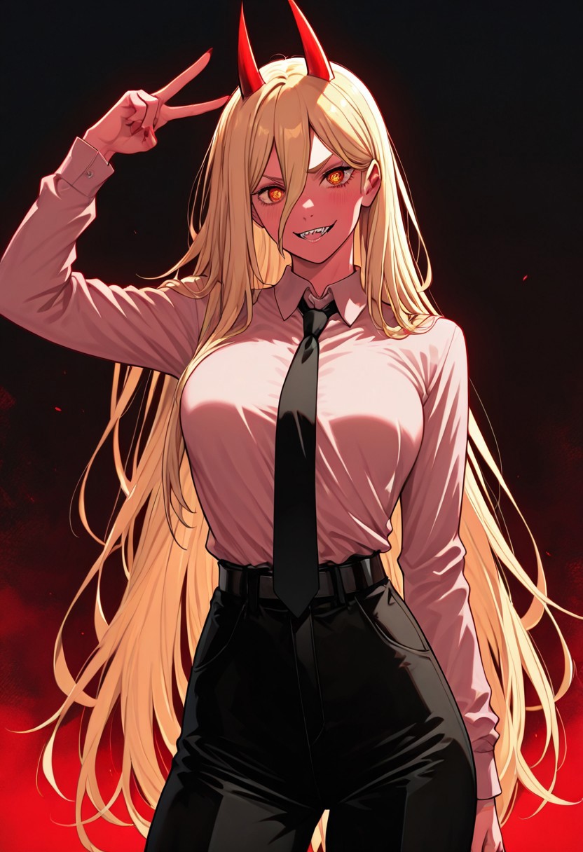 masterpiece, best quality, newest, absurdres, highres, FCOMV1.0, 1girl, power \(chainsaw_man\), demon horns, long hair, blonde hair, very long hair, red horns, black necktie, horns, cross-shaped pupils, shirt,
,