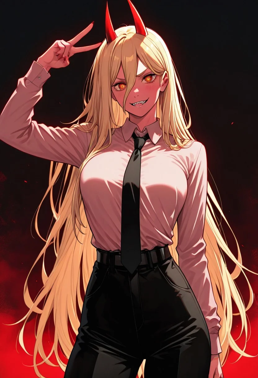 masterpiece, best quality, newest, absurdres, highres, FCOMV1.0, 1girl, power \(chainsaw_man\), demon horns, long hair, blonde hair, very long hair, red horns, black necktie, horns, cross-shaped pupils, shirt,
,