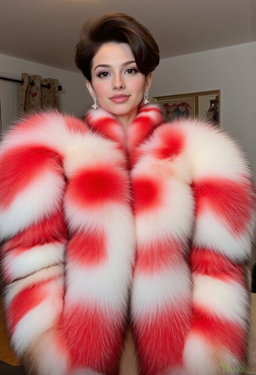 Stunning Russian woman with short brown hair, wearing a giant voluminous white and red fur coat. Face closeup. Huge fur coat. Tall, long legs, abs, very fit body, smile, seductive. Gorgeous face. Extravagant coat and hair, huge neck fur, earrings, fancy