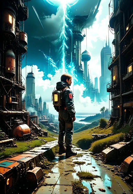 scenery, outdoors, sky, cloud, grass, glowing, night, water, fantasy, star \(sky\), no humans, 1other, cloudy sky, standing, solo, robots-cyborgs,
score_9,score_8_up,score_7_up, futuristic, technological, alien worlds, space themes, advanced civilizations,
alien-worlds, colorful, eeriness, fantasy, futuristic, science-fiction, other-worldliness, pop-culture, posters, contemporary, metaphysics, atmospheric, digital, illustration,
pmg style, MyNewFantasy, Jed-dtl, s1_dram