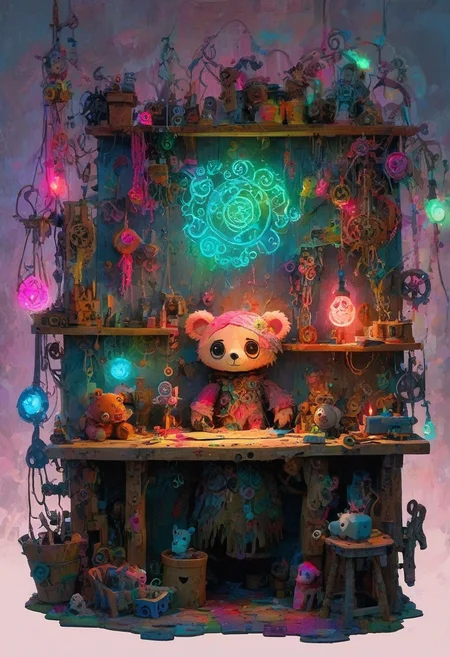 CreepyCuteMagical, An enchanted toy workshop where broken toys come to life. The walls are covered in bright, colorful gears and magical runes, all glowing softly with neon pinks, blues, and greens. On the workbench, a half-finished doll with button eyes and stitched-up limbs sits upright, watching the craftsman with an eerie smile. Floating above the workshop is a giant, ghostly teddy bear with glowing eyes, gently guiding the enchanted toys. The craftsman is a young, quirky inventor with messy hair and a patchwork coat, surrounded by tools that float in midair. The lighting is warm but eerie, blending a sense of wonder with an unsettling edge.