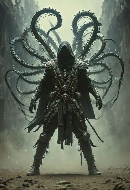 baroque, Ninja snake performing stealthy acrobatic move, glistening silk, mysterous villain, vaporous swirls,amazing quality, masterpiece, best quality, hyper detailed, ultra detailed, UHD, perfect anatomy, portrait, dof, hyper-realism, majestic, awesome, inspiring, Captured in a surreal moment, a vintage circus Bedouin artist stands tall, adorned with a backpack of mechanical arms. Six elongated appendages, resembling ominous pincers, extend from the backpack, reaching towards the camera. Despite the eerie sight, the Bedouin artist meets the lens with a piercing gaze, blending a sense of mystery with the uncanny, black Linen Cape with High collar, Natural skin, Closeup, cinematic, global illumination, dramatic, tearing the sky, atmospheric haze, cinematic composition, soft shadows,