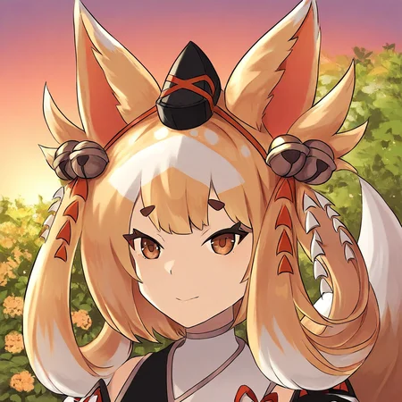 Kuzunoha, blonde hair, brown eyes, small eyebrows, fox ears, hat, bells, jingle bells, fox tail, portrait, face focus, garden, sunset
