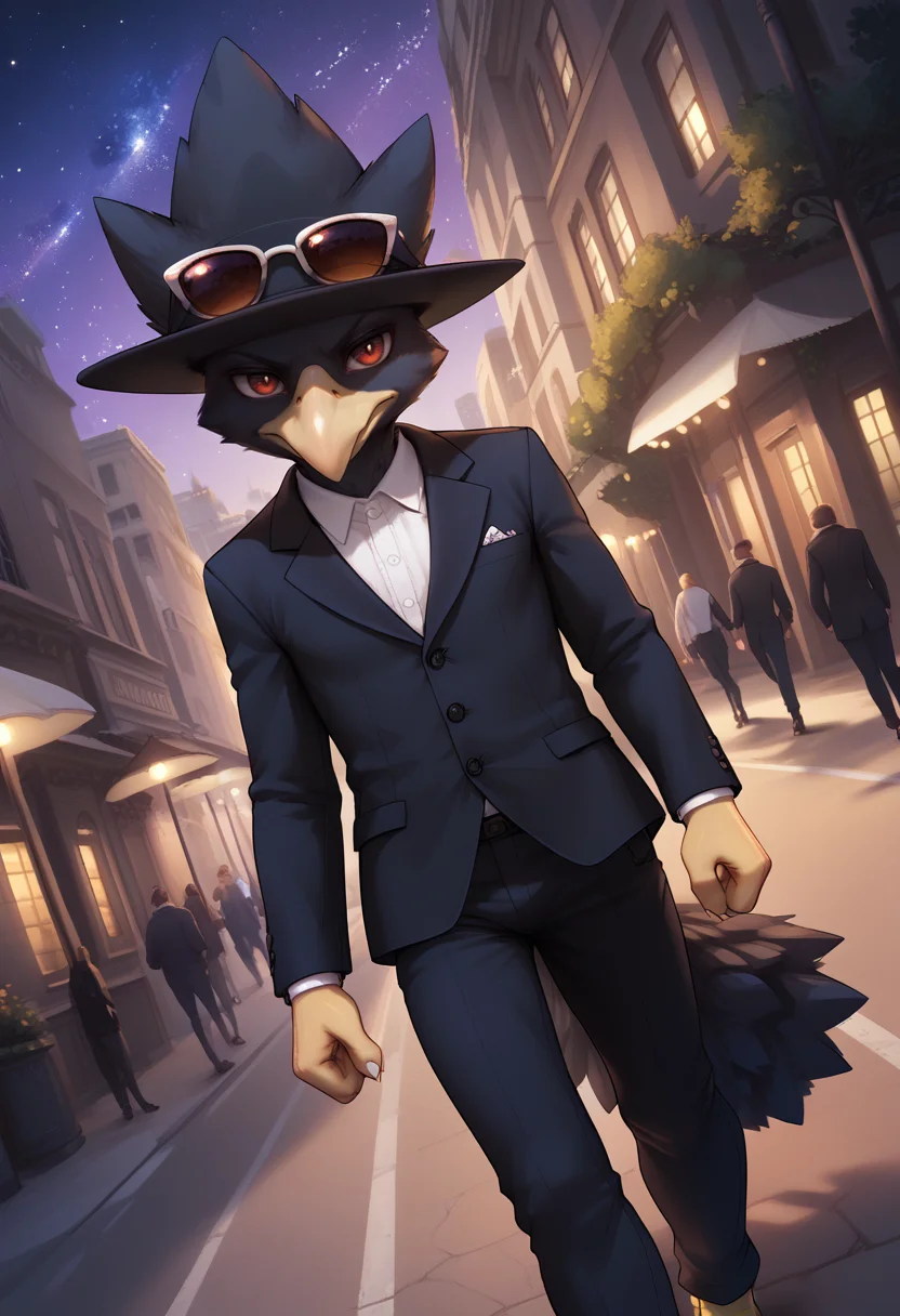 score_9, score_8, score_7, score_6, source_anime, dark street, cityscape, night sky, star \(sky\), dutch angle, 
BREAK
1boy, (murkrow, pokemon (creature), avian, anthro, red eyes), looking at viewer, walking, suit, hat, sunglasses, mafia, clenched hand, serious look, <lora:IncaseLycoXL:0.6> <lora:PersonalAmi_PonyXL:0.5> <lora:Pony Detail Tweaker V2.0:5> <lora:POKEMON_MURKROW:1>