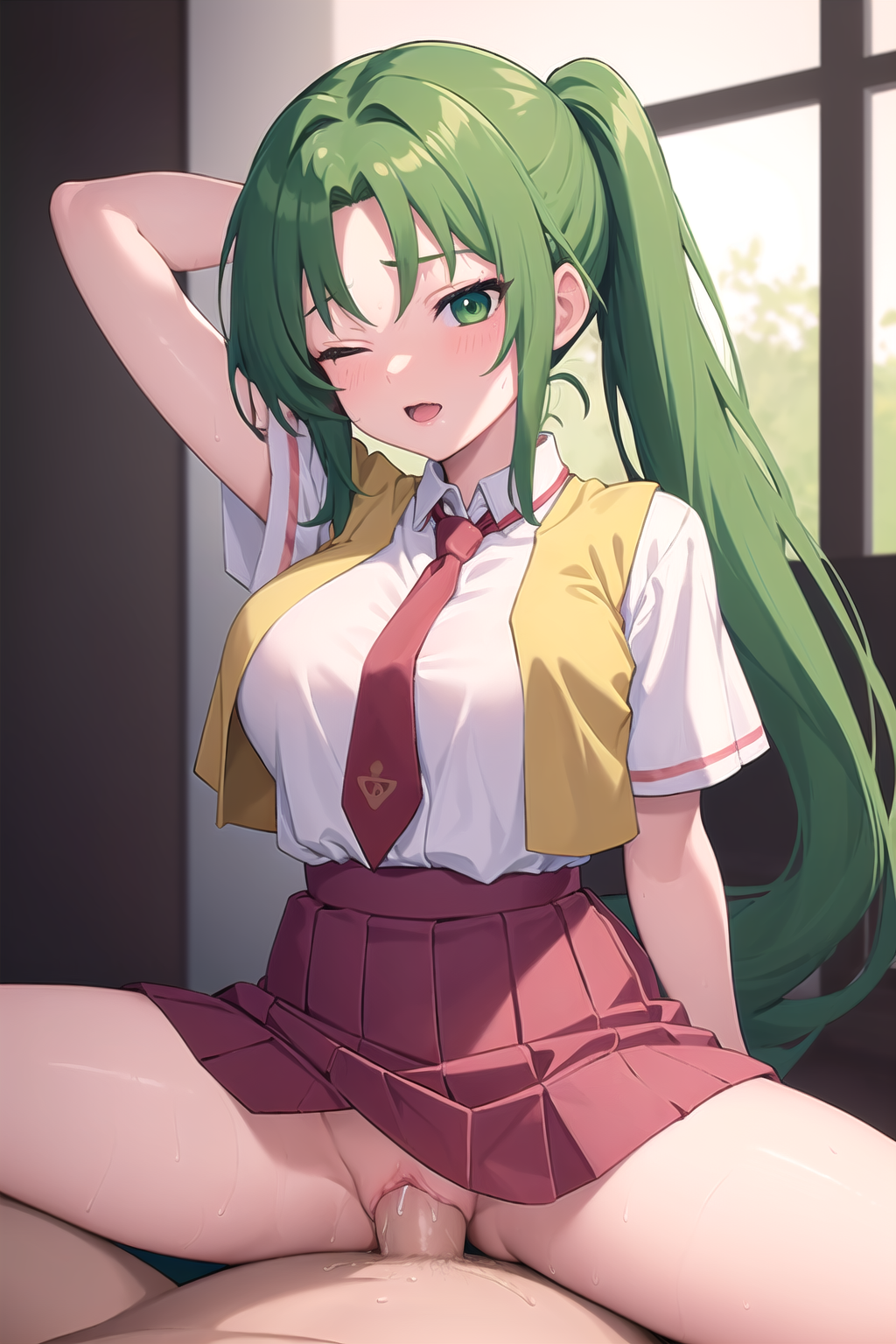 masterpiece, best quality, 1girl, Mion Sonozaki, green eyes, ponytail, white shirt, red necktie, yellow vest, cowgirl position, straddling, 1boy, 1girl, sex,  penis,