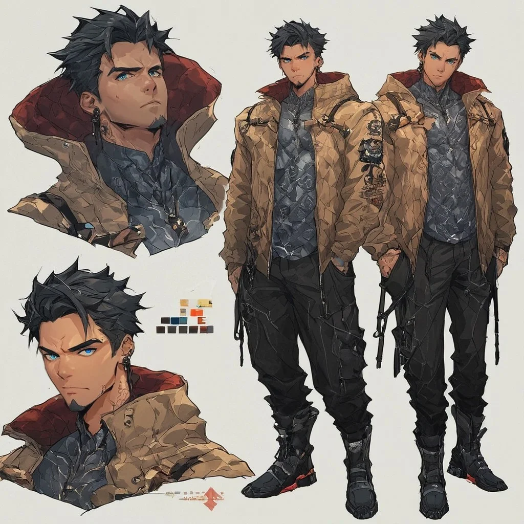 score_9, score_8_up, score_7_up, score_6_up, source_anime, dynamic character design,  1boy, 20 year old, male focus, random hairstyle, black hair, lean athletic build, broad shoulders, jacket, hood, pants, ankle-boots, serious and cold expression, head tilt, perfectly balanced design, blue eyes, jawline, harsh citylight, standing, in a dystopian city, (cyberpunk aesthetic:0.6), modern, random pose, multiple views, random views, concept art, simple background