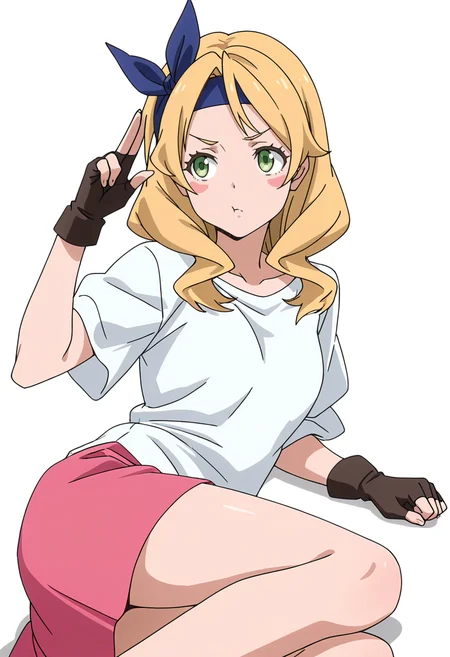Smooth Quality,masterpiece,very intricate, high quality details, ultra realistic, high detailed skin,detailed enviorement,absurdres,
simple background, white background,solo,
lying on side, one arm supporting head, relaxed legs, soft smile, casual vibe, ,two-finger salute,pout,blush stickers, <lora:Eren_cnn:0.8> erencnn, 1girl,long hair, blonde hair, green eyes, headband, blush stickers,pink skirt, fingerless gloves,bow,