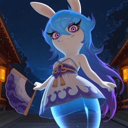 masterpiece, best quality, amazing quality, midnit3, female, furry female, solo, white body, rabbit ears, long hair, blue hair, purple highlights, purple eyes, eyelashes, purple eyelids, fangs, ghost tail, translucent tail, japanese clothing, smile, holding hand fan, looking at viewer, outdoors, night