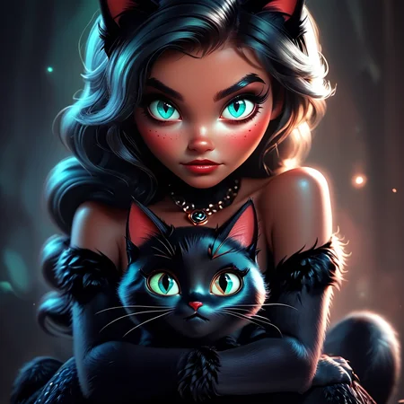Score_9, score_8_up, score_7_up, score_6_up, BREAK <lora:3D_Fairytales_r2:1> 3D Fairytales, The image shows a woman with blue eyes and a black cat sitting on her lap. She has a human face and is wearing a necklace., 1girl, cat, jewelry, looking at viewer, black cat, animal, freckles, necklace, solo, bare shoulders