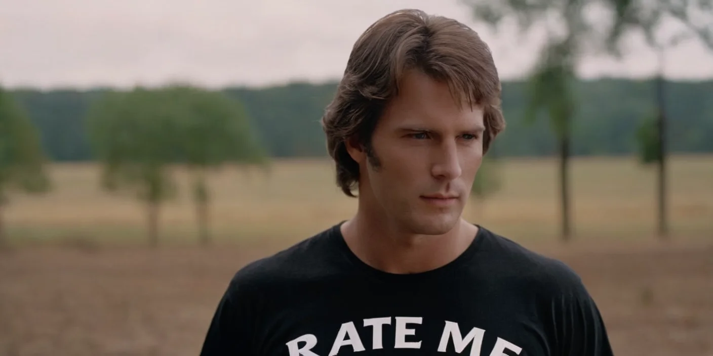 cinematic film still of <lora:cinematic vintage film:1>
a man in a black shirt with a t - shirt that says Rate Me cinematic vintage film style, shallow depth of field, vignette, highly detailed, high budget, bokeh, cinemascope, moody, epic, gorgeous, film grain, grainy