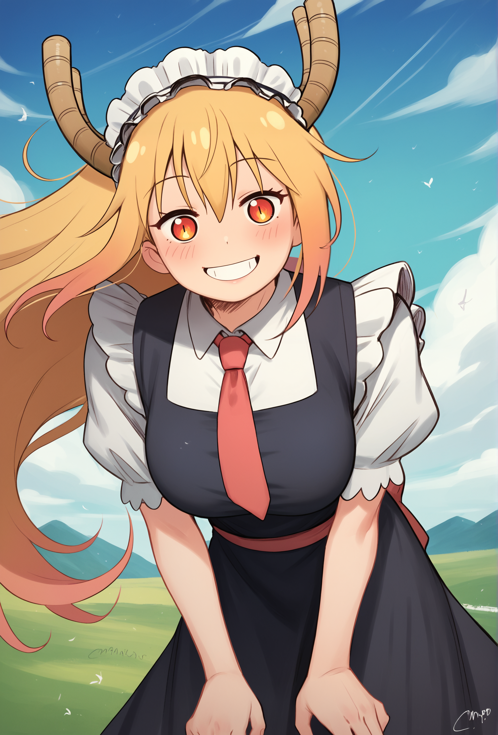 score_9, score_8_up, score_7_up, score_6_up, score_5_up, score_4_up, <lora:cabronpr_style_ponyXL_v1.3:1> cabronpr, blue sky, cloud,
1girl, tohru \(maidragon\), solo, long hair, straight hair, smile, wind, large breasts, maid, maid headdress, leaning forward, portrait, red necktie, close-up