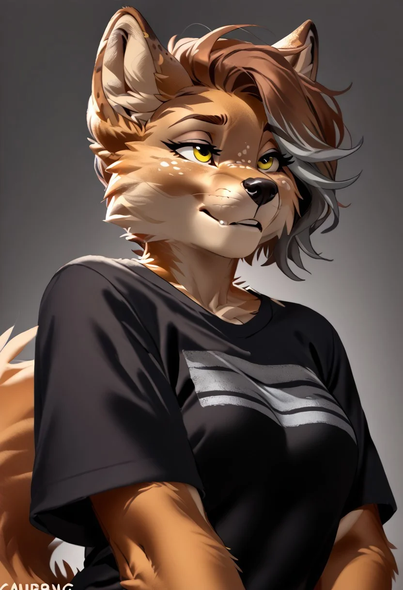 score_9, score_8_up, score_7_up, (by kittydee:1.5), (by jailbird:1.5), (by zummeng:1.5), masterpiece, best quality, (solo),
(Furry Art : Anthro : tibetan fox: 1.5), 1girl, expressive eyes, feminine eyes, perfect face, feminine face, (hazel brown hair with grey highlights:1.5), (pixie cut:1.5), feminine body, medium breasts, tibetan fox, canine, grayish brown fur, long snout, unimpressed eyes, (black t-shirt:1.5), (yellow eyes),