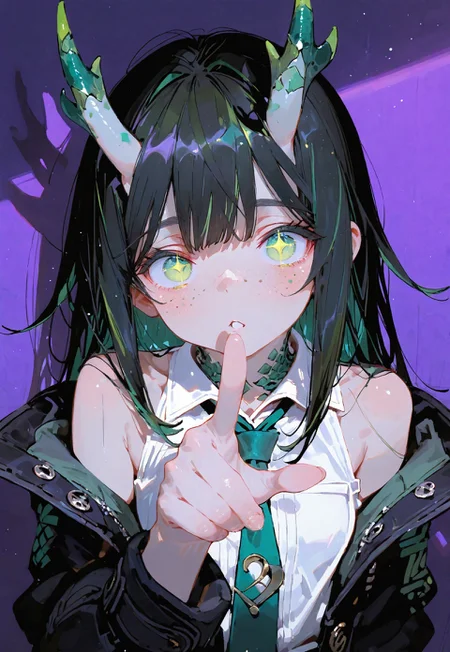 looking at viewer,above torso shot,exited,pointing

1 girl,petite,loose unruly messy hair,messy bangs,black hair,green accents hair,fair skin,dragon horns,green eyes, sparkling eyes,freckles

Large Black coat with green accent,coat hanging sleeves,white sleeveless buttoned shirt,green tie, exposed shoulder

Color background, bright purple background,shadow, light from front,glimmer, scales design, sparkling

Cunnystyle,748cmstyle,Smooth_Quality,dynamic pose, foreshortening, extreme perspective,masterpiece,best quality,amazing quality, aesthetic,bright colors,bold lines