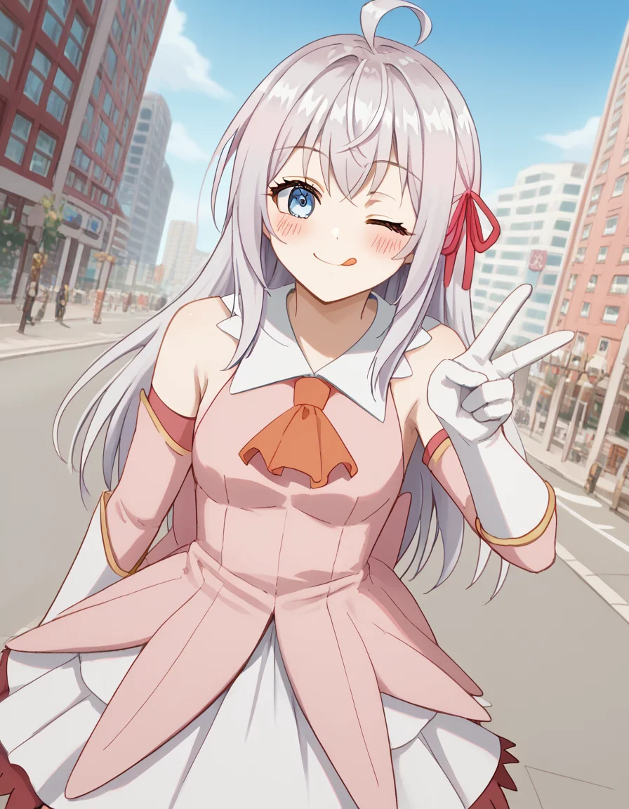 score_9, score_8_up, score_7_up, source_anime, alisamikhailovnakujou, <lora:alisa-mikhailovna-kujou-alpha-ponyxl-lora-nochekaiser:1>, alisa mikhailovna kujou, long hair, bangs, blue eyes, hair ribbon, ahoge, grey hair, red ribbon,, <lora:prisma-illya-cosplay-ponyxl-lora-nochekaiser:1>, prismaillyacosplay, prisma illya \(cosplay\), dress, elbow gloves, feather hair ornament, feathers, frilled dress, frills, gloves, hair ornament, layered gloves, magical girl, orange ascot, pink dress, pink feathers, pink gloves, pink sleeves, white gloves,, cityscape, street, smile, blush, v, v over eye, one eye closed, tongue out,, cowboy shot, dutch angle, solo,