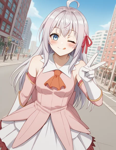 score_9, score_8_up, score_7_up, source_anime, alisamikhailovnakujou, <lora:alisa-mikhailovna-kujou-alpha-ponyxl-lora-nochekaiser:1>, alisa mikhailovna kujou, long hair, bangs, blue eyes, hair ribbon, ahoge, grey hair, red ribbon,, <lora:prisma-illya-cosplay-ponyxl-lora-nochekaiser:1>, prismaillyacosplay, prisma illya \(cosplay\), dress, elbow gloves, feather hair ornament, feathers, frilled dress, frills, gloves, hair ornament, layered gloves, magical girl, orange ascot, pink dress, pink feathers, pink gloves, pink sleeves, white gloves,, cityscape, street, smile, blush, v, v over eye, one eye closed, tongue out,, cowboy shot, dutch angle, solo,