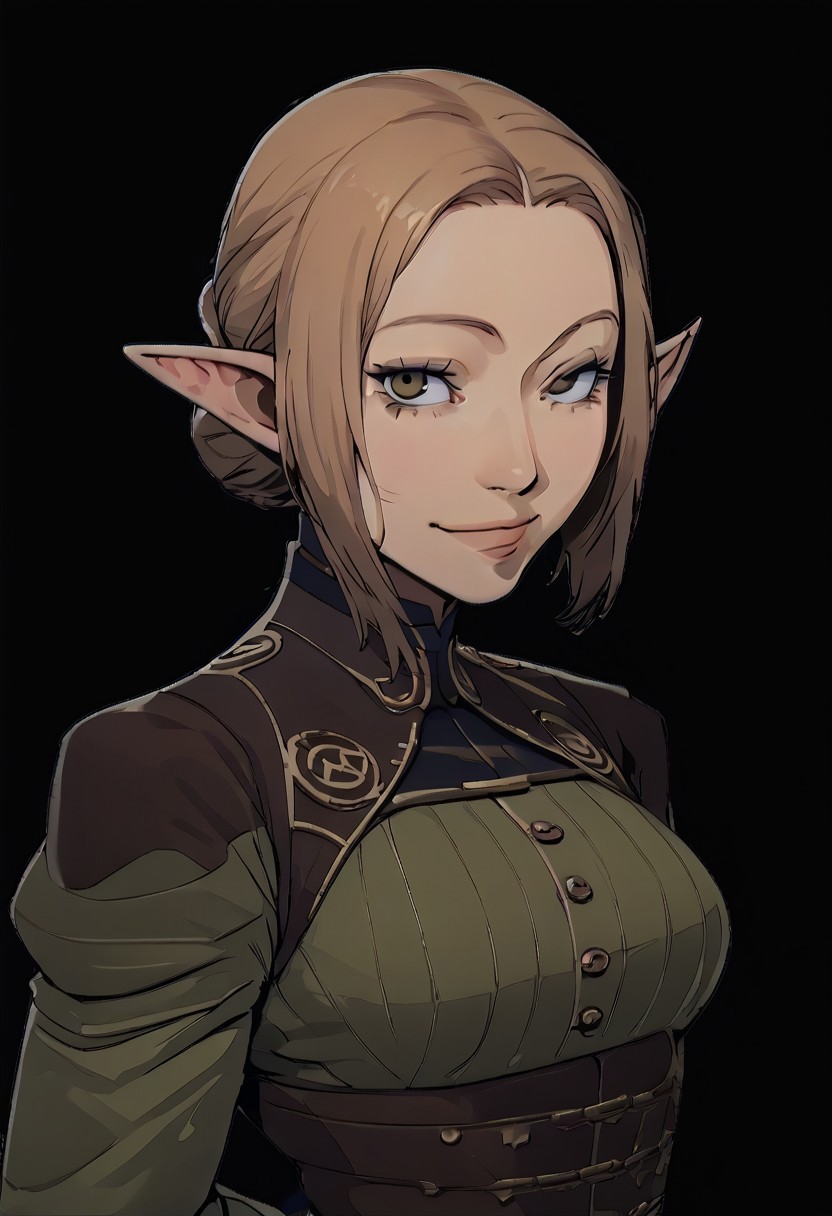 score_9, score_8_up, score_7_up, girl, simple background, black background, elf, official state green clothing, green jacket, steampunk outfit, solo, standing up straight, hands behind his back, slight smile, light brown hair, closed clothing
side view,
(((portrait))), facing viewer, looking at viewer, standing, simple grey background,